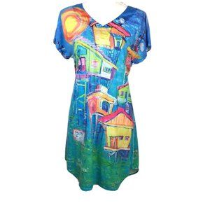 Leoma Lovegrove Womens Shirt Dress Colorful Beach Print Stretch Pullover Medium